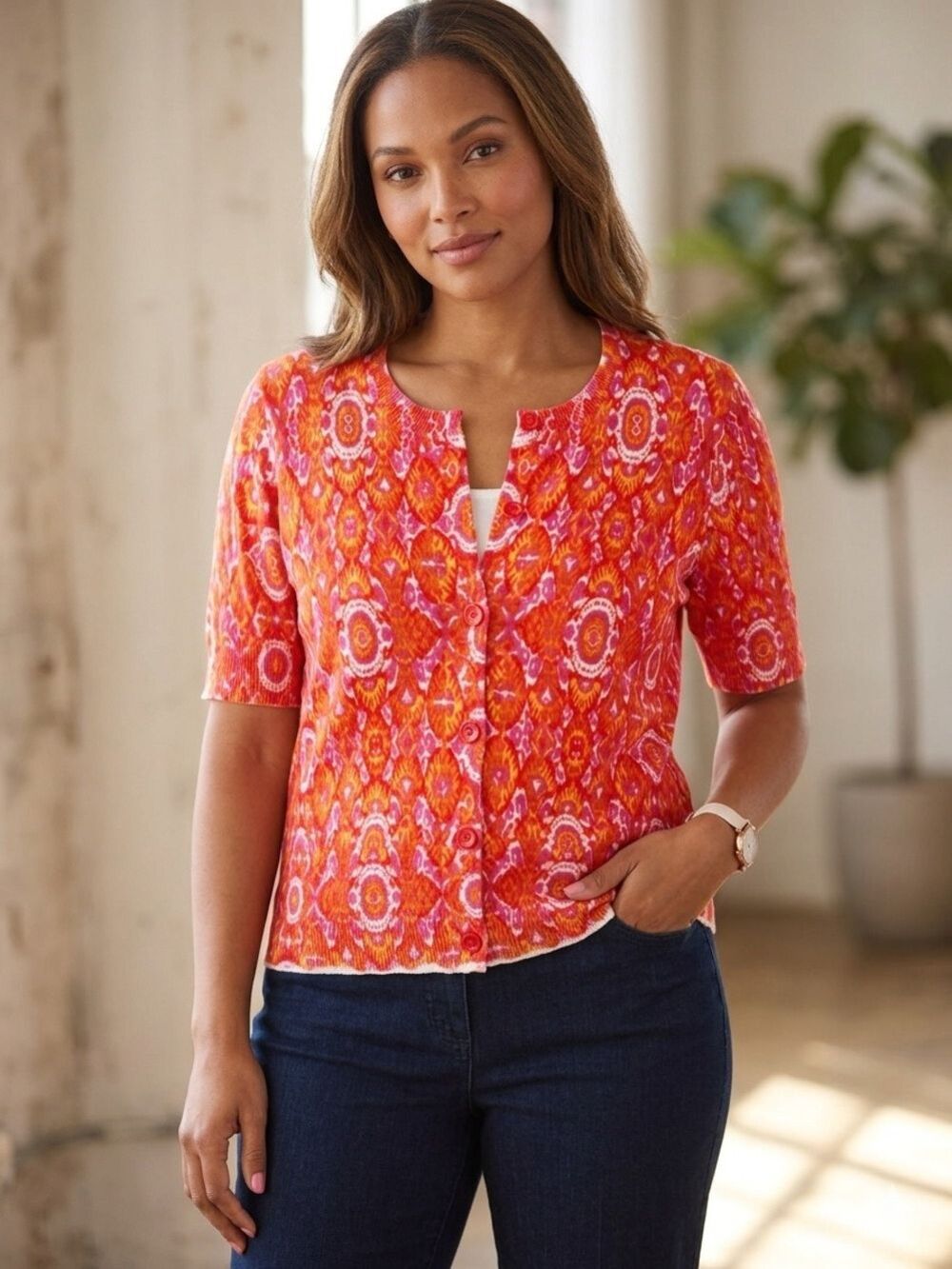 40. Jones New York Pink and Orange Short-Sleeve Button Cardigan Top